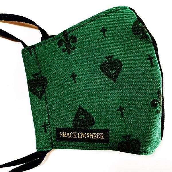 Smack Engineer スマックエンジニア Rogia限定 Spade Embroidery Mask Gn 布マスク ファッション オシャレ ゴム調整可 バイカラー 緑グリーン 黒ブラック モノグラム 刺繍 スペード スカル ドクロ メンズ レディース Punk Rock バンド V系 ギフト無料 ステージ衣装