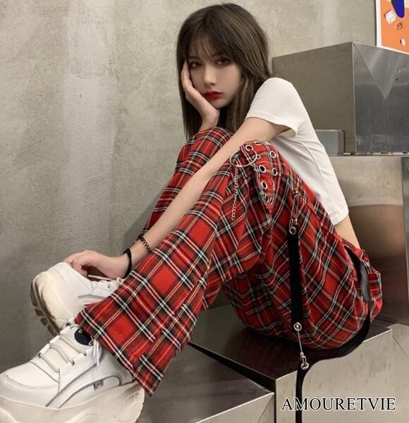 カジュアルパンツ ワイドパンツ チェック柄 ストレート ストリート アシンメトリー ピープス オルチャン 韓国ファッション 1572 Amouretvie 韓国系 モード系 個性的ファッションの通販サイト