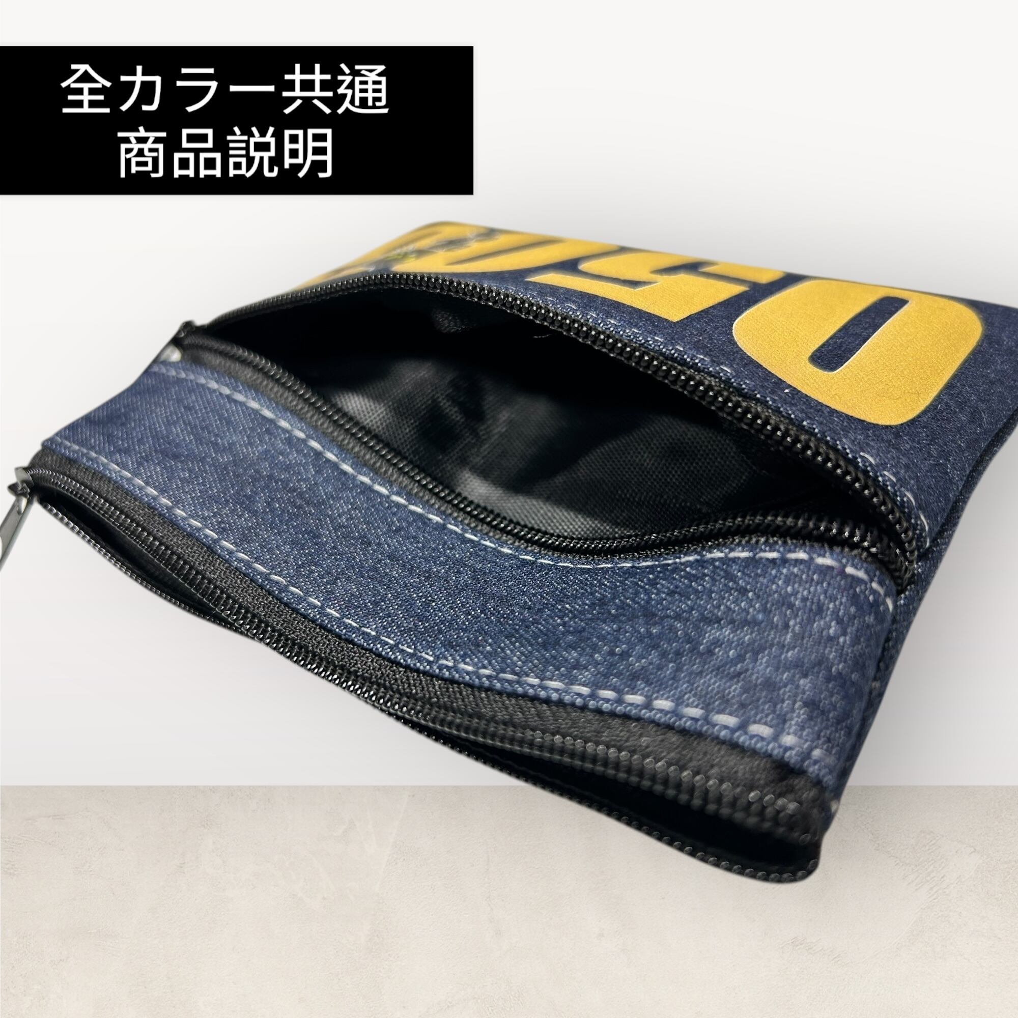 ノベルティグッズ ブルーデニムのショルダーバッグ、小銭入れ、箱付き 再入荷 ダブルファスナーデニムコインパスケース 0506レッド文字