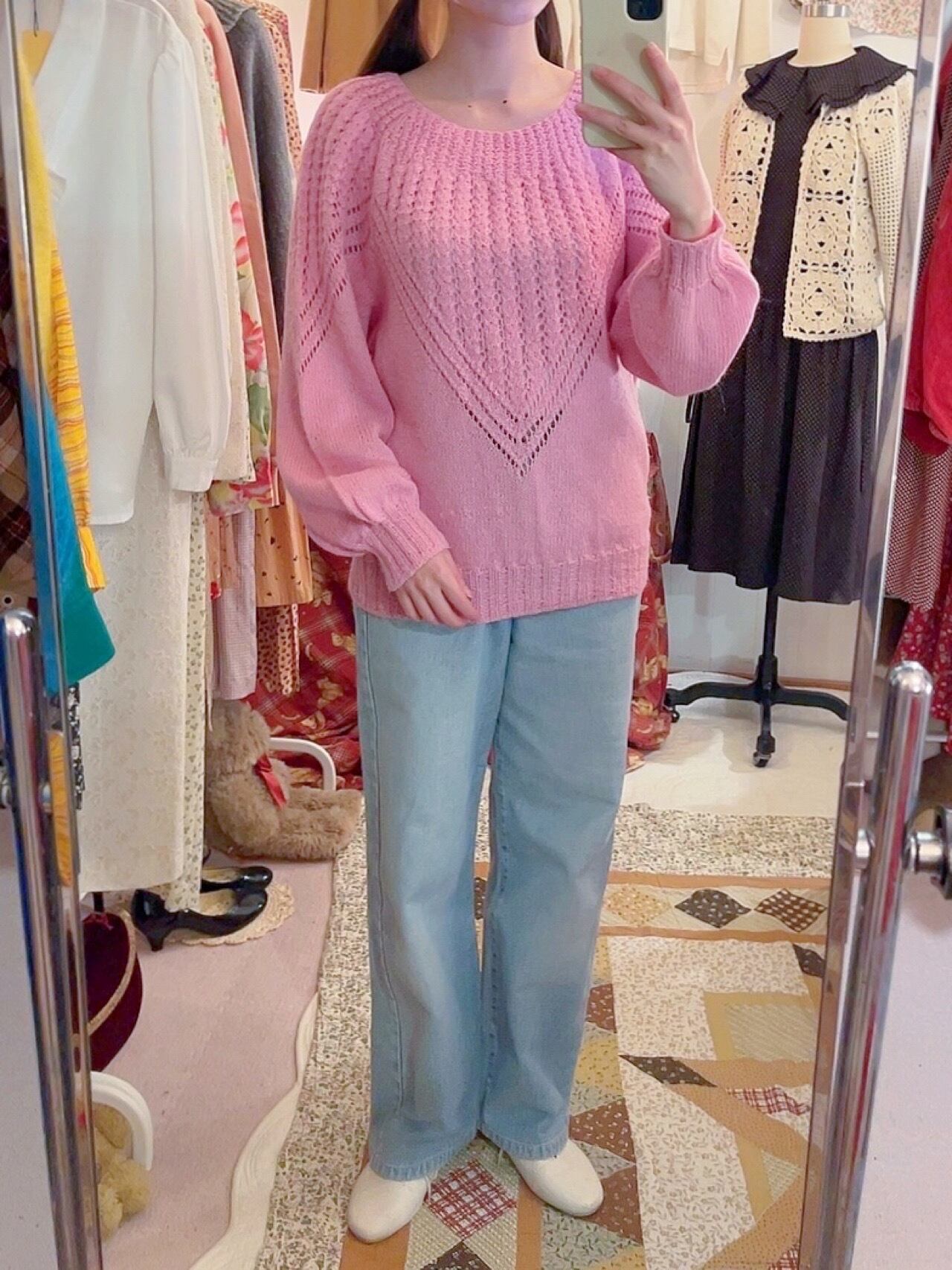 pink openwork knit sweater