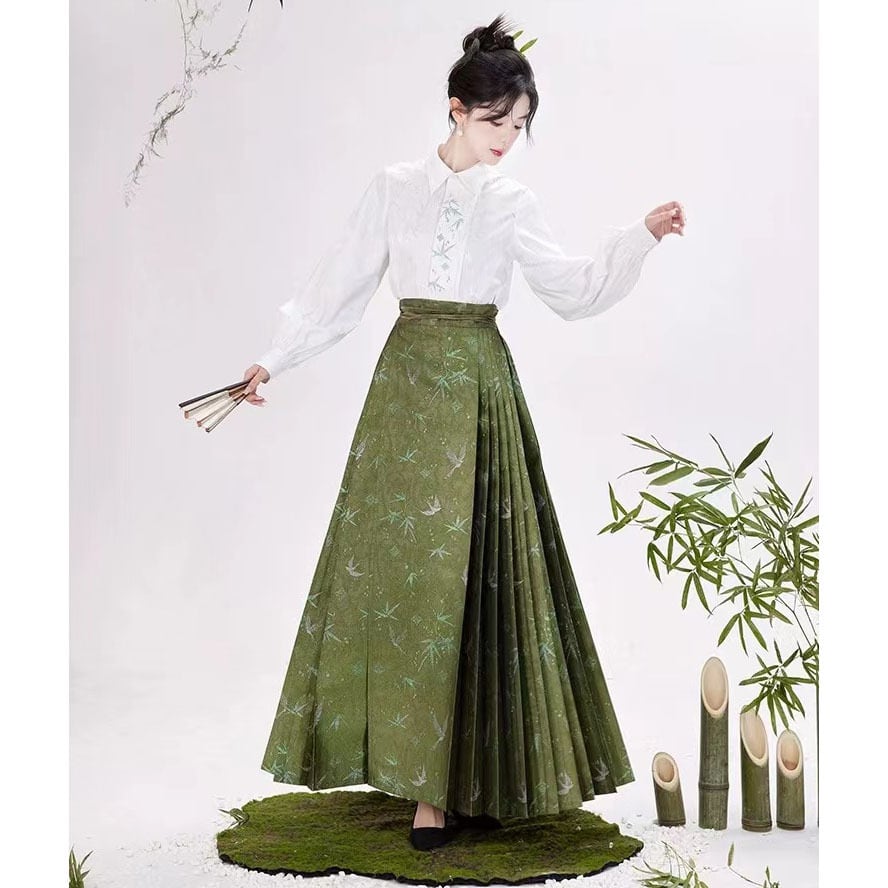 之x池夏】☆チャイナ風 袴 スカート・竹青☆ブラック グリーン