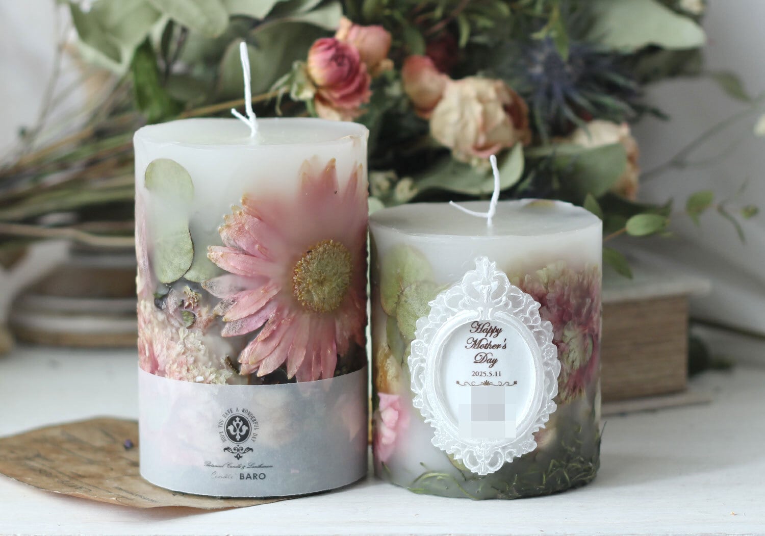 【11/2以降お花受付・アフターブーケ】ボタニカルキャンドル2点セット 日付やお名前が入れられる 結婚式・プロポーズ・記念日の花束をランタンに