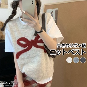 ベスト ニット ジレ レディース 春秋冬 韓国 リボン柄 大人 かわいい 重ね着 おしゃれ レイヤード ゆったり 体型カバー カジュアル セーター 着痩せ 大人可愛い 大人女子