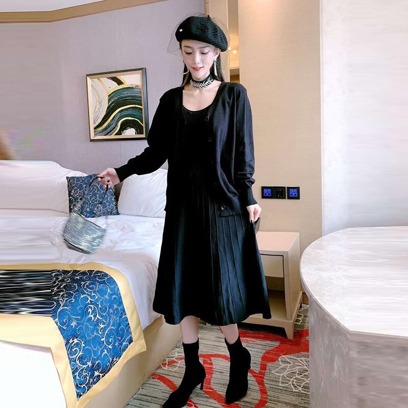 プラスサイズの女性の秋のウエスタンスタイルのニットカーディガンのセーター脂肪の妹痩身ドレスツーピースのスーツの潮 ミックスインファッション68916698999