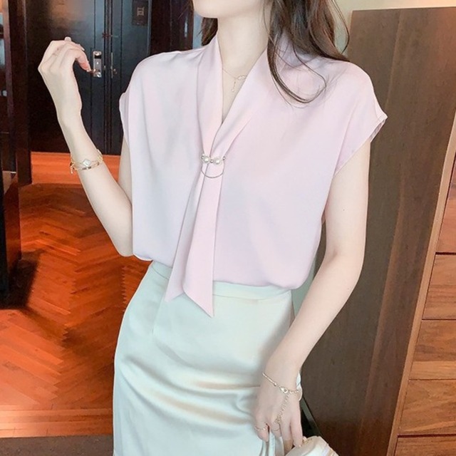 Chest tie elegant slim chiffon shirt ( 3color )