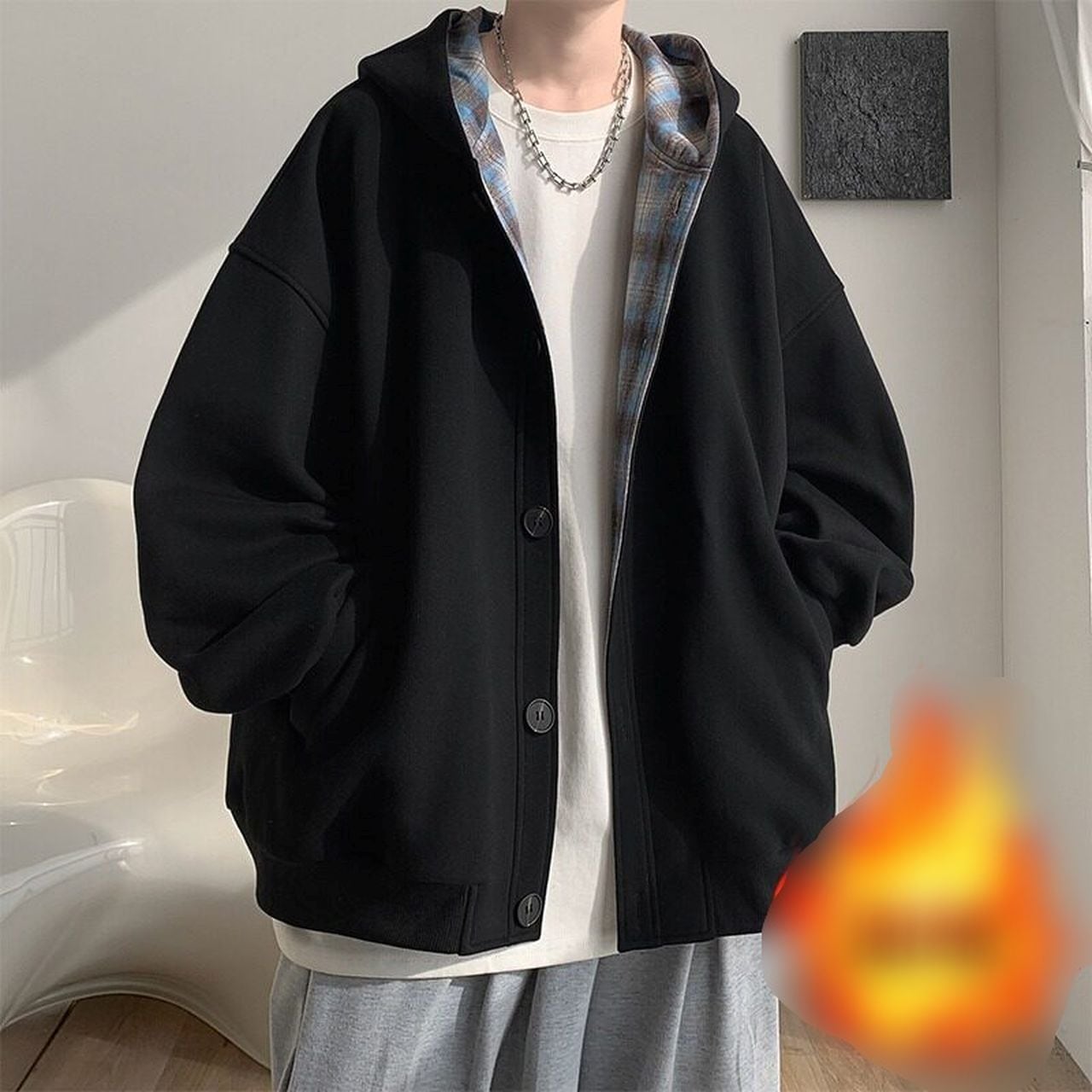 Hooded sweatshirt with interior patchwork and a checkered pattern(MT1728)