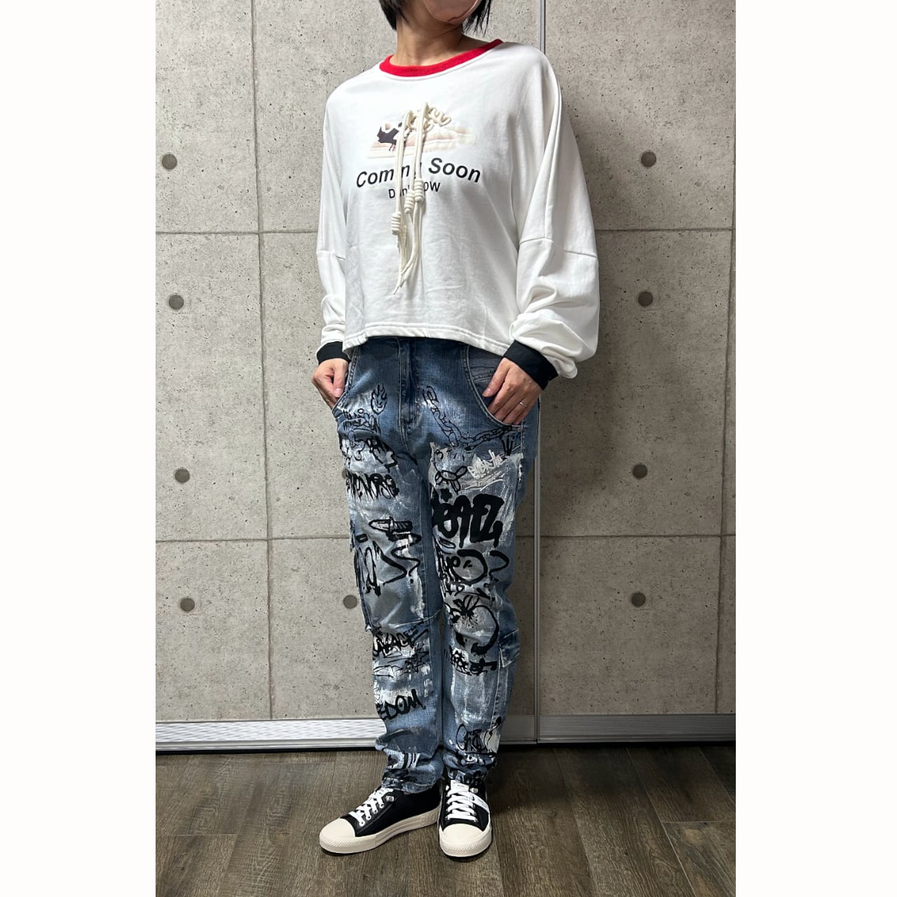グラフィティプリント デニムパンツ ホワイト Lサイズ グラフィティ 