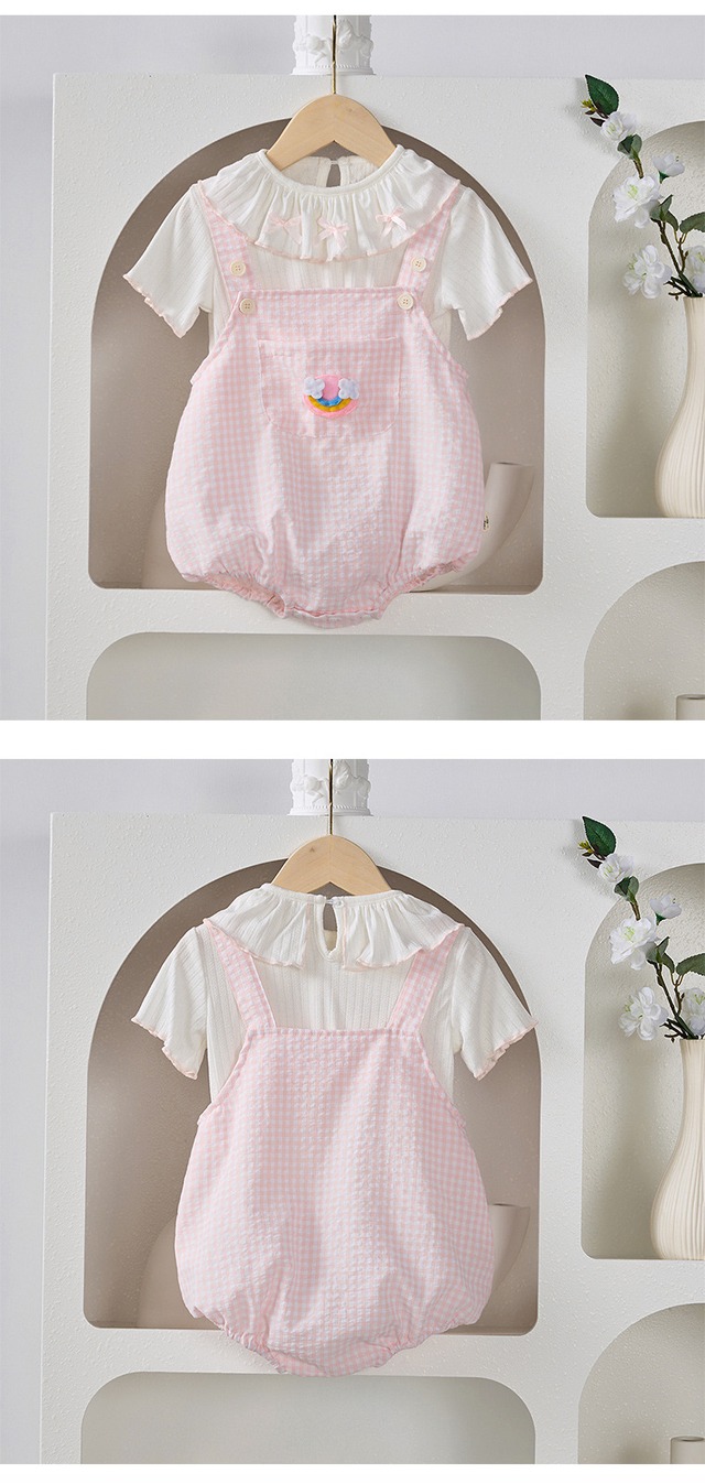 【セット】レインボー半袖Tシャツチェックサロペットロンパースセット - 10