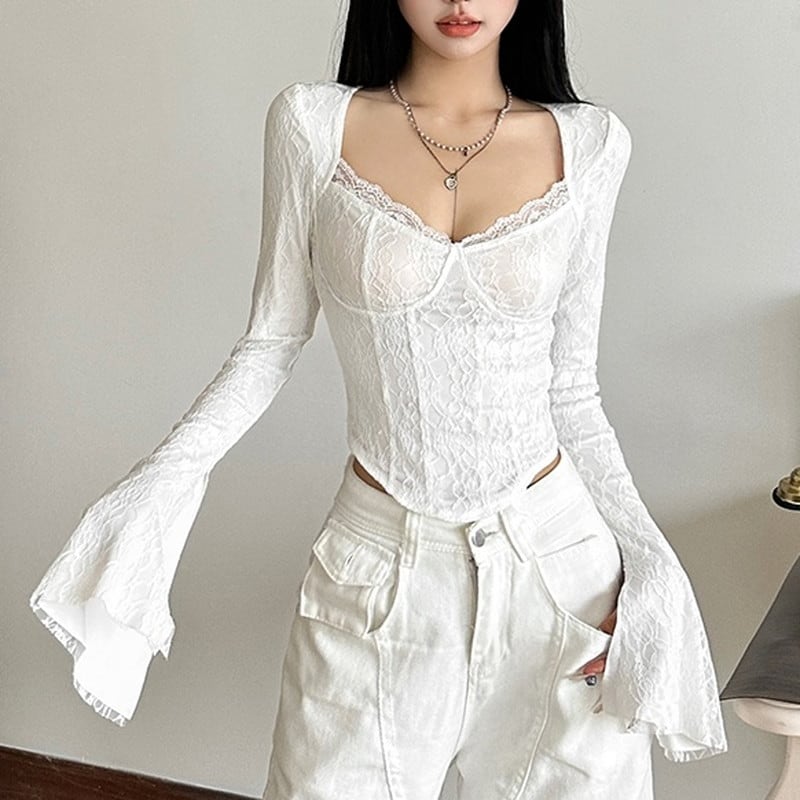 bustier lace flare-sleeve slim tops la2260