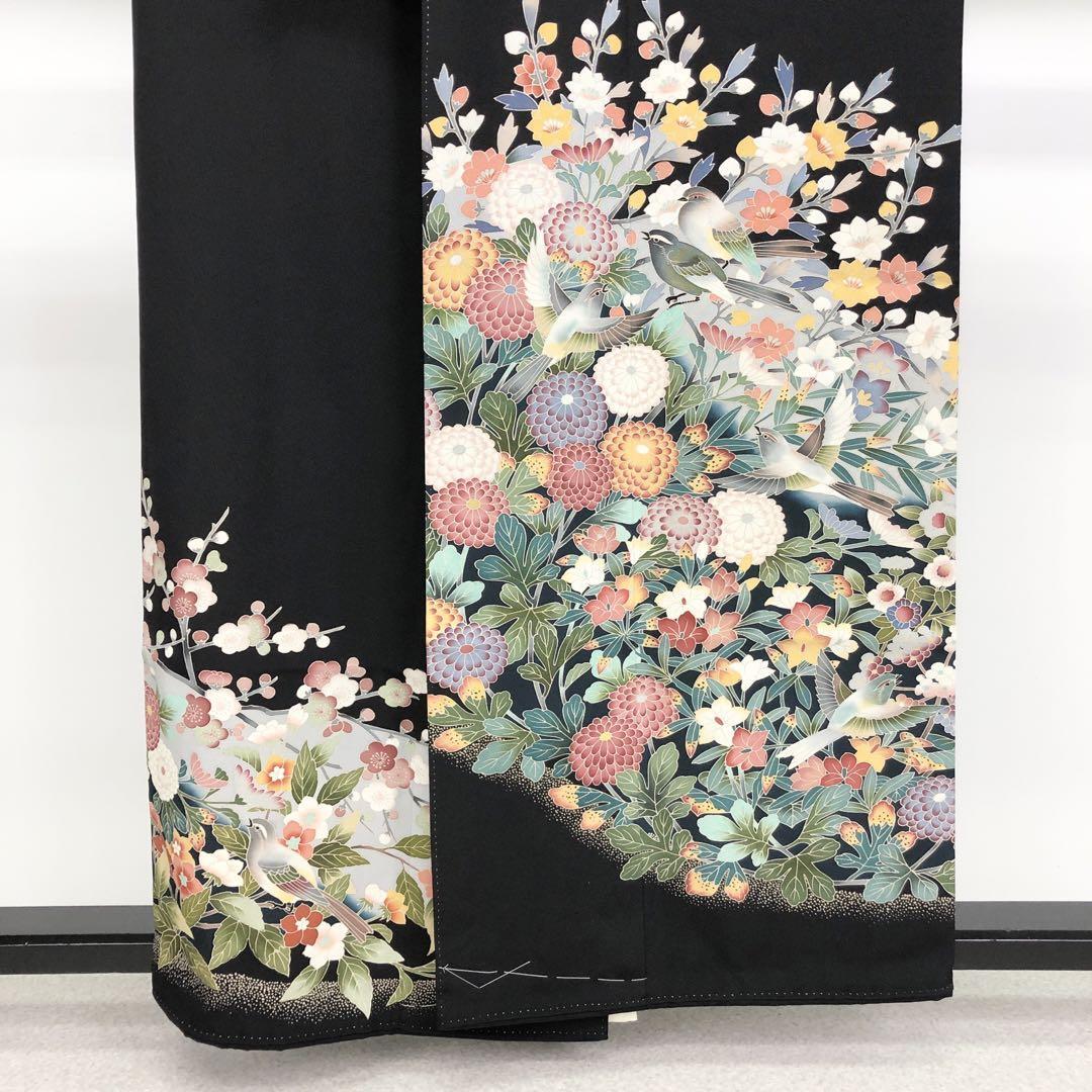 黒留袖 作家物 友禅 美しい花々に鳥 しつけ糸 K-3268 | リユース着物 