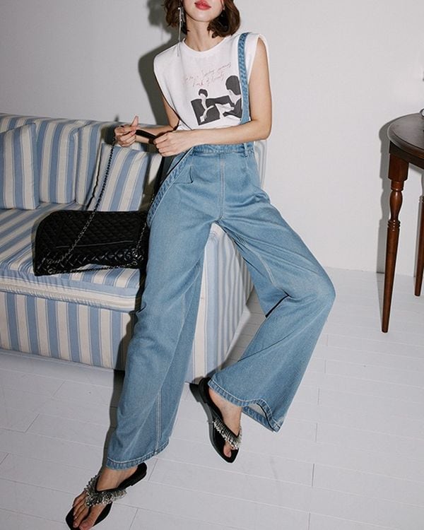 Front tuck wide denim overalls TH3455 | Leithy
