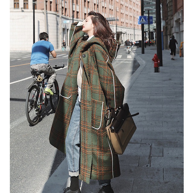 コート レディース アウター ロングコート フード付き オーバーシルエット かわいい カジュアル チェック柄 グリーン S M L Xl Favoriteselect