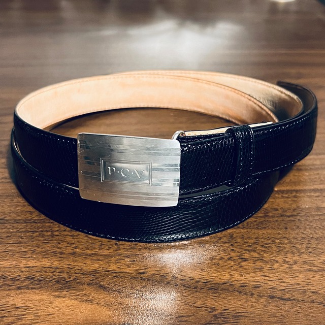 VINTAGE CARTIER Engine Turned Slide Buckle Sterling Silver / Black Lizard Belt 42” | ヴィンテージ カルティエ エンジンターン スライド バックル スターリング シルバー / ブラック リザード ベルト 42インチ