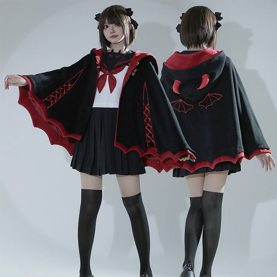 クリスマス イベント衣装 即納 現品限り デビルマント フード付き 小悪魔 コウモリ コンカフェ