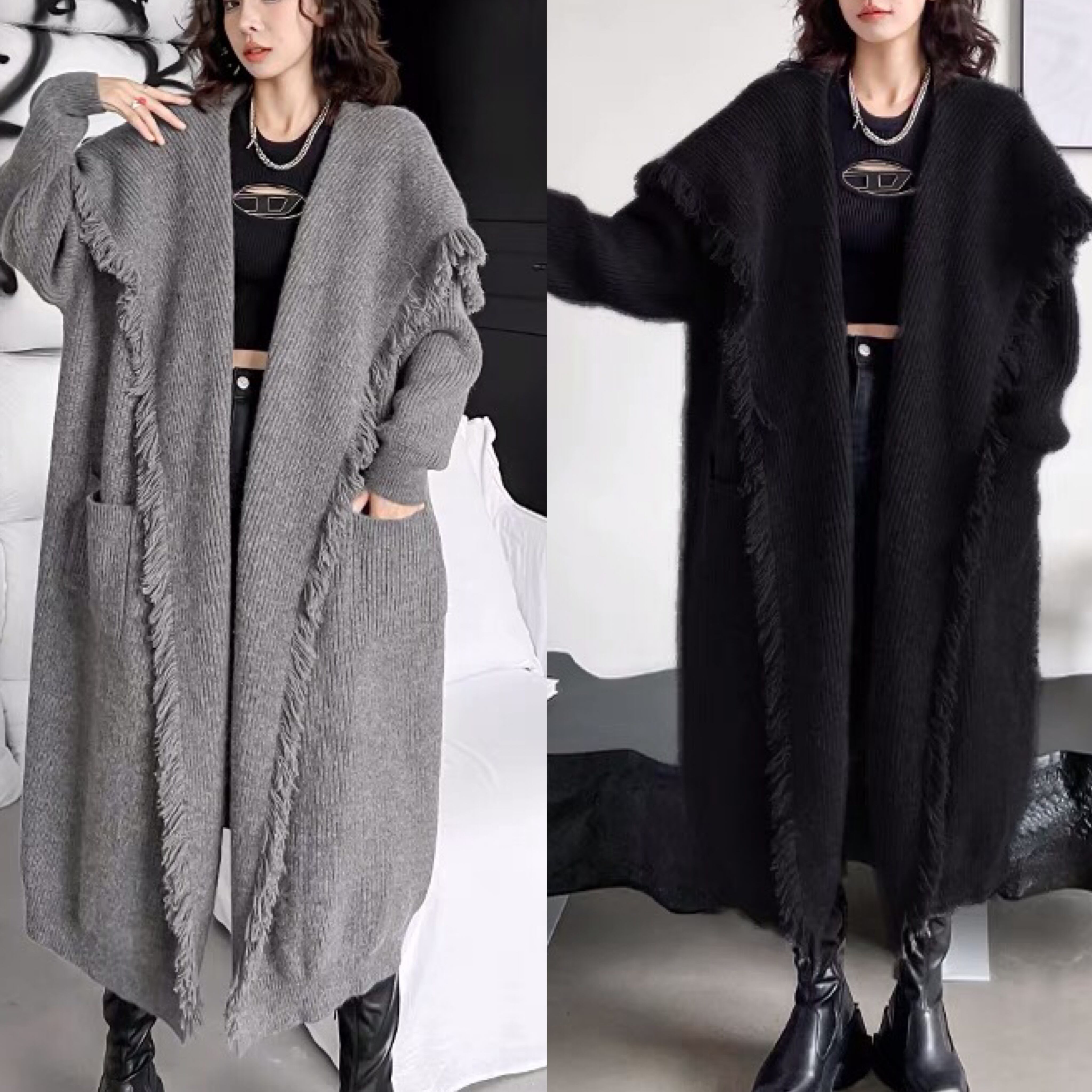 カーディガン グレー 黒 フリンジ カーディガン アウター コー