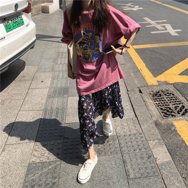 Tシャツ スタンダードプリントルーズサマートップス ピンク レトロ 夏物 パープル 香港の味3507620580