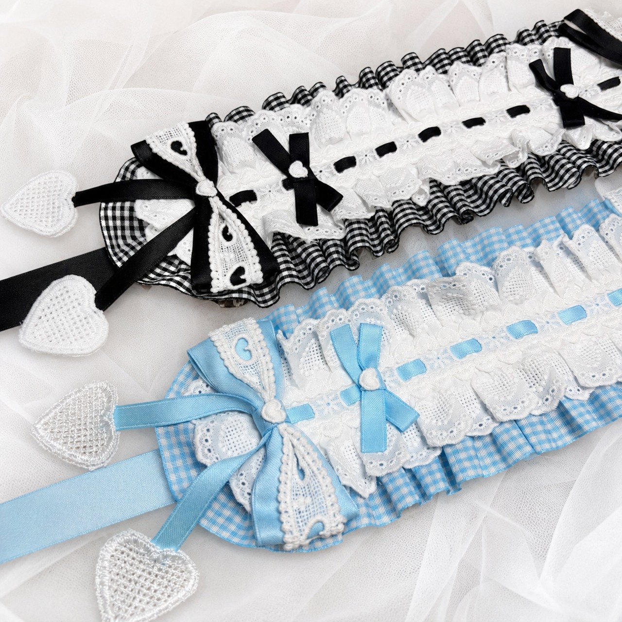 ♡ Candy ギンガムチェック柄 フリルレースリボンヘッドドレス light blue ♡