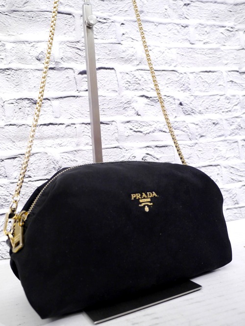 美品◆PRADA プラダ ロゴデザイン クロスボディ チェーンストラップ ショルダー カメラ バッグ ポーチ  黒x金◆レトロ感が可愛いレアモデル