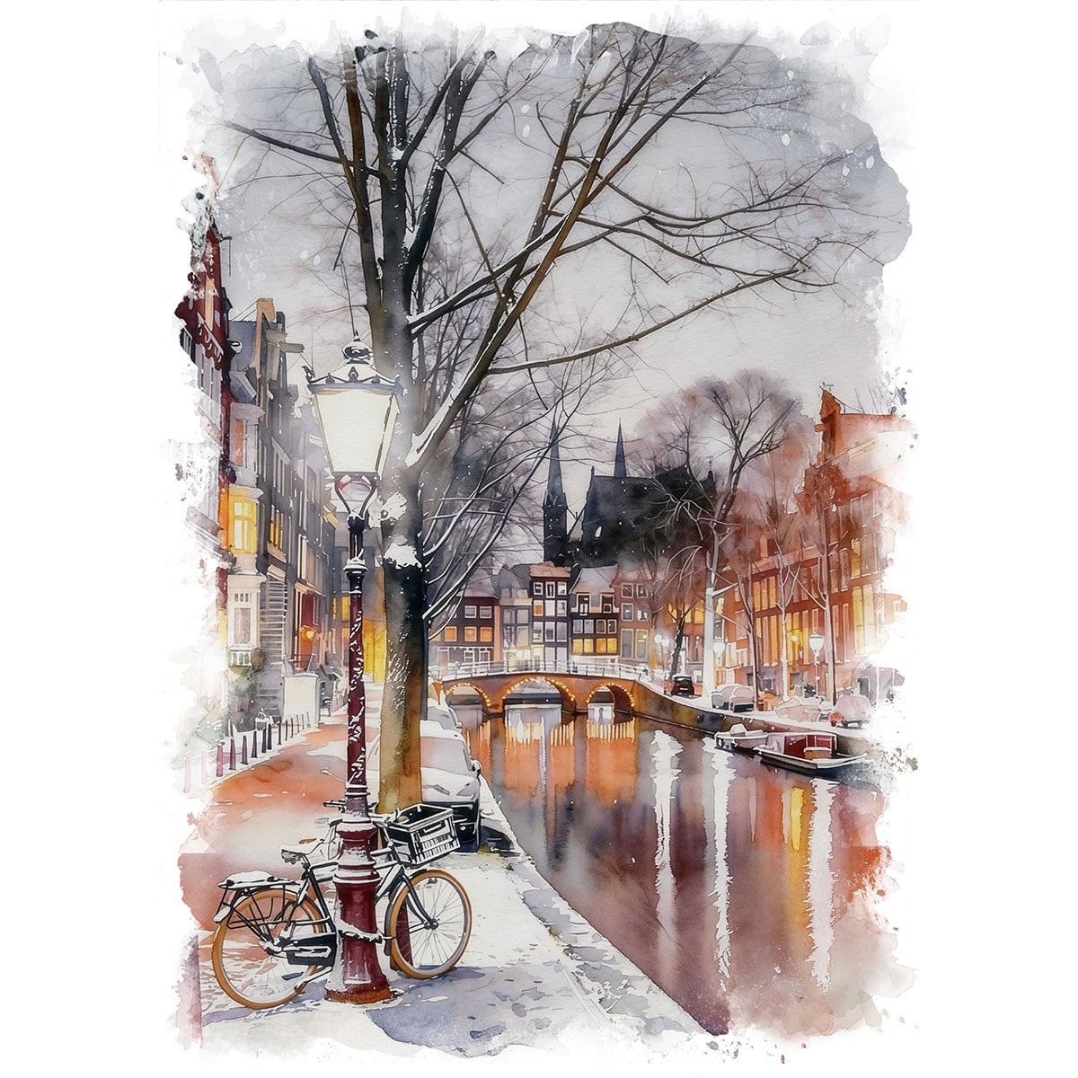 絵画 オランダ 風景画(街並み) 冬 雪が降る アムステルダム インテリア