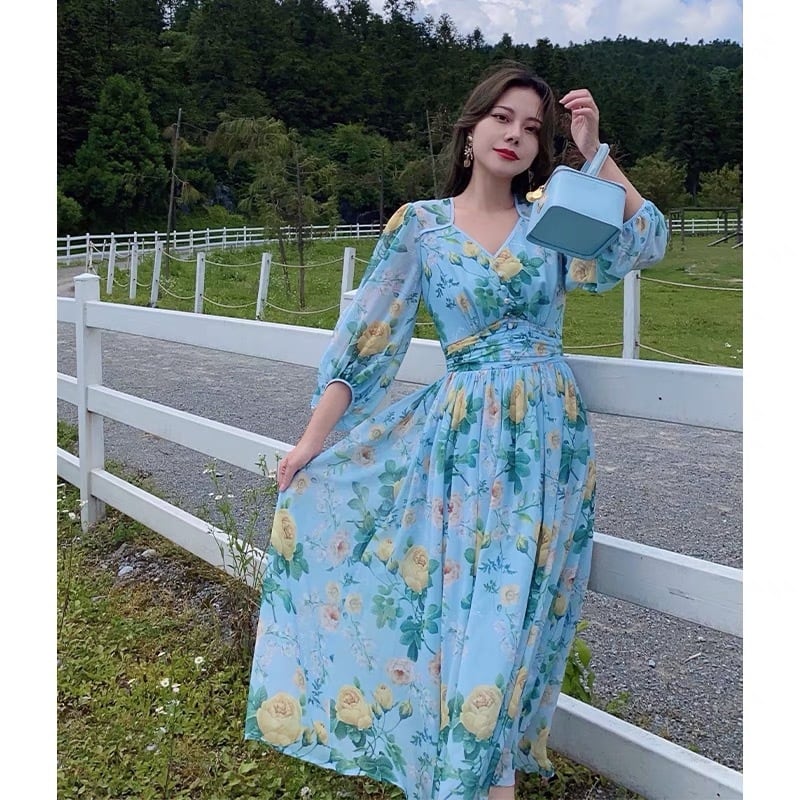水色 黄色 薔薇 ローズ ワンピース エレガント お嬢様 | LOVEYsmileSHOP