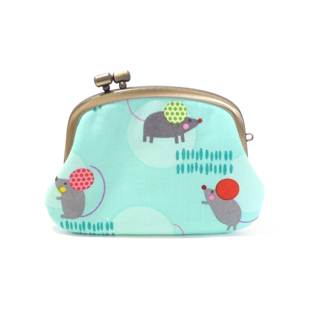 がま口 小銭入れ 耳がおしゃれなねずみ 水色 コインケース G557