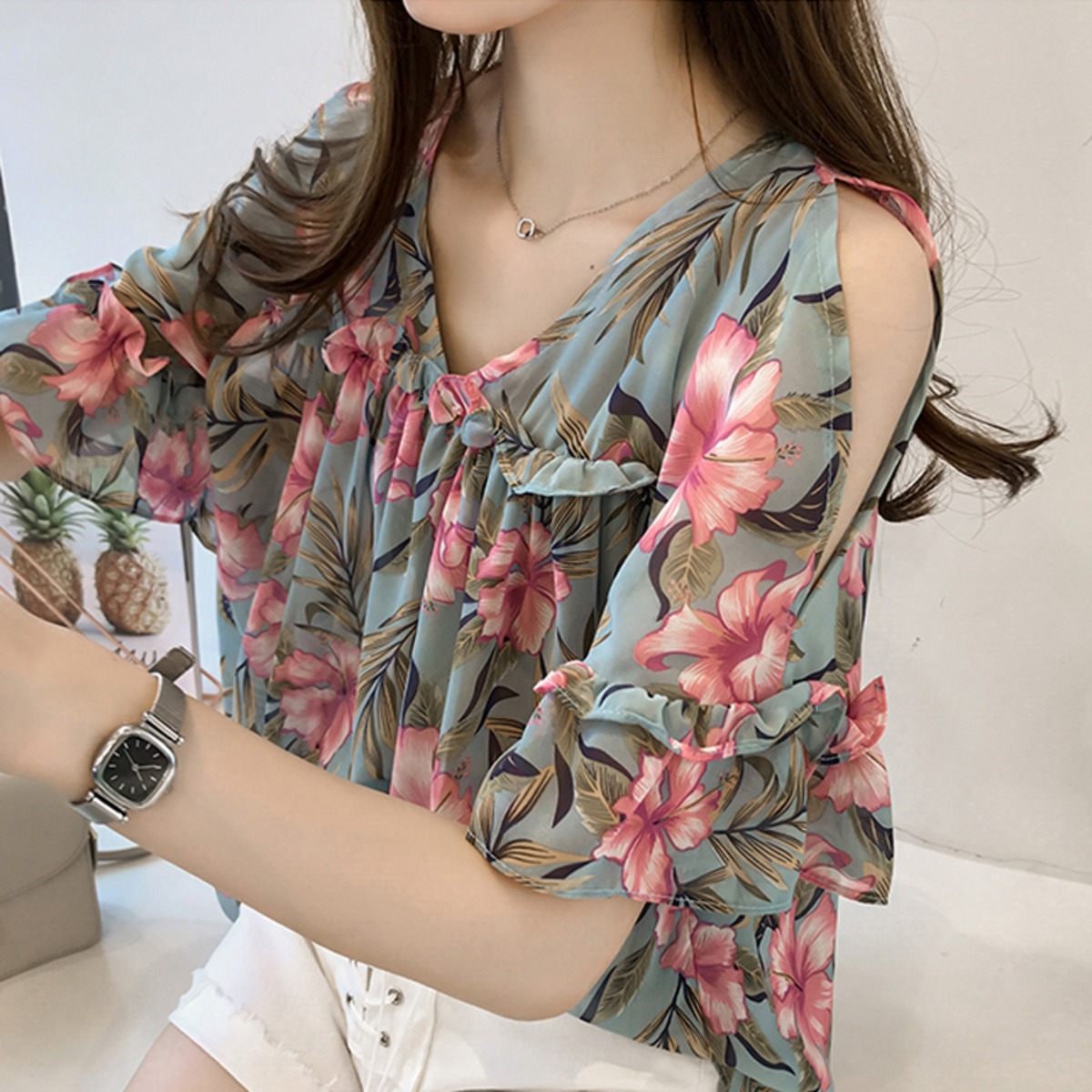 ブラウス 花柄 半袖 シフォン Vネック カットショルダー 肩出し