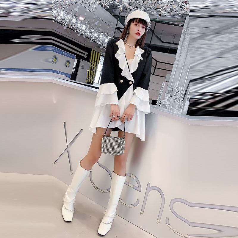 2020年秋新作レディースラージサイズファットmmスリムウエスト気質フレンチトランペットスリーブワンピースウエスタンスタイル ミックスインファッション40504063705