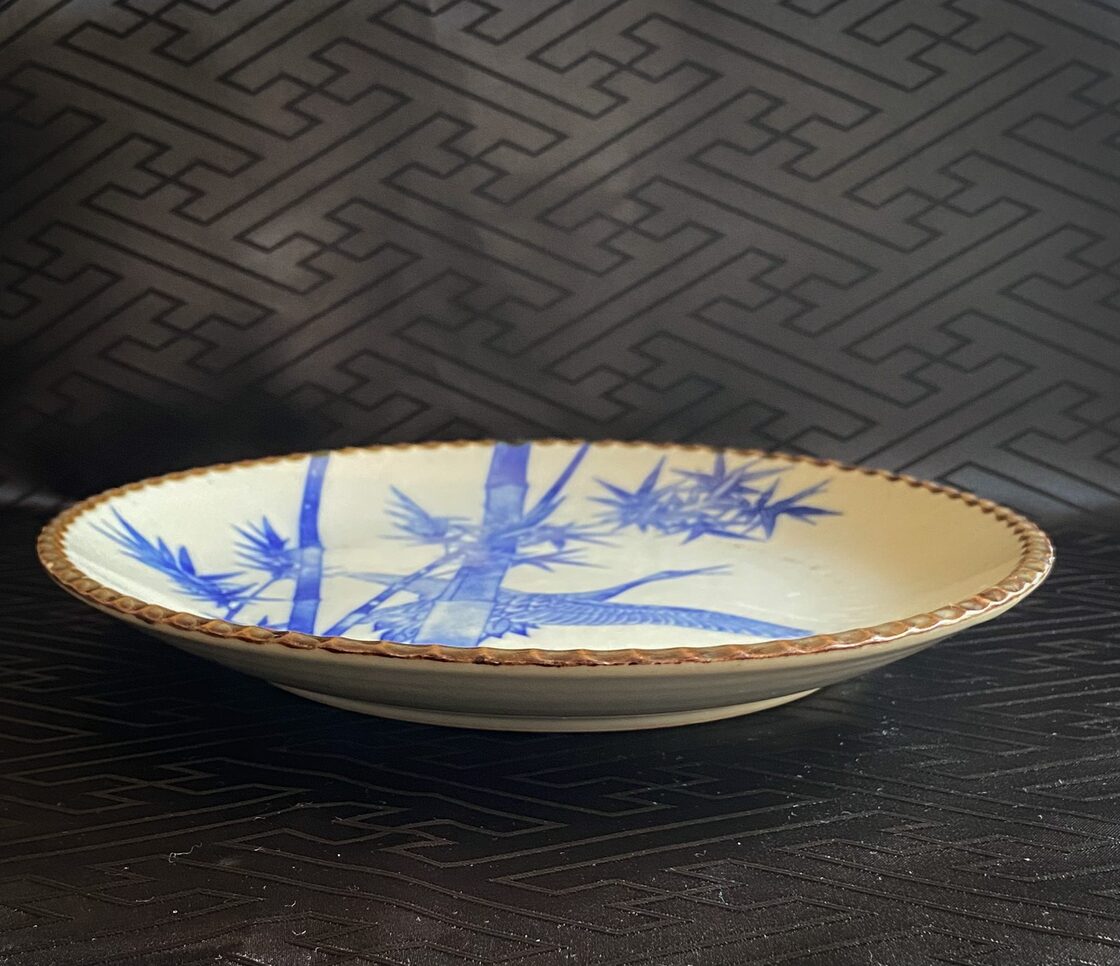 印判染付 八寸皿 鶴竹 盛皿 大皿 イゲ皿 時代物 骨董 (大正時代〜昭和 