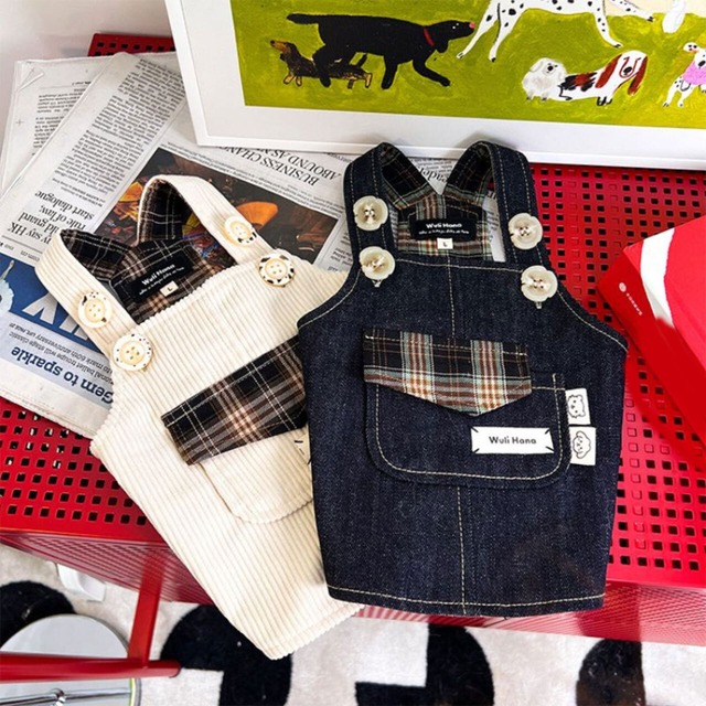 チェックのフラップ付オーバーオール　犬服　00502