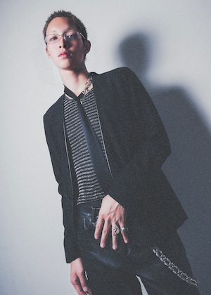 "DMAIR DOMA" 2012AW leather trim collarless tailored jacket “made in ITALY”