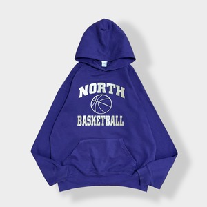 【BADGER】NORTH BASKETBALL ロゴ 3段 プリント パーカー フーディー プルオーバー 太アーム ビッグサイズ L パープル US古着