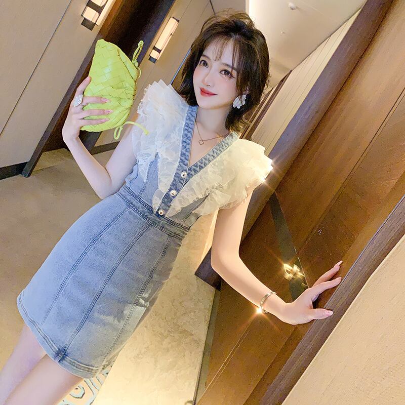 レースVネックノースリーブウェストドレス サマー 夏物 ステッチ MIUCO61808598226