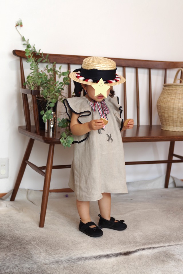 小鳥刺しゅうのリネンフリルワンピース 80cm/90cm/100cm ※他サイズ応相談