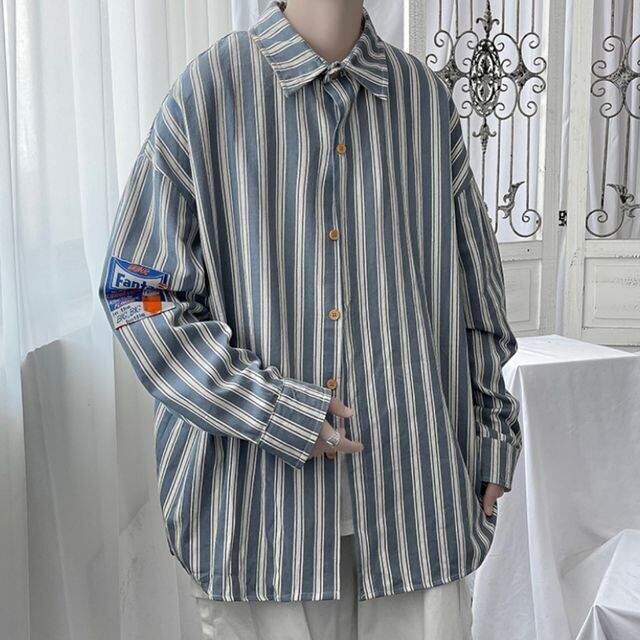 予約販売】シャツ 長袖 メンズ ストライプ柄 オーバーサイズ レトロ