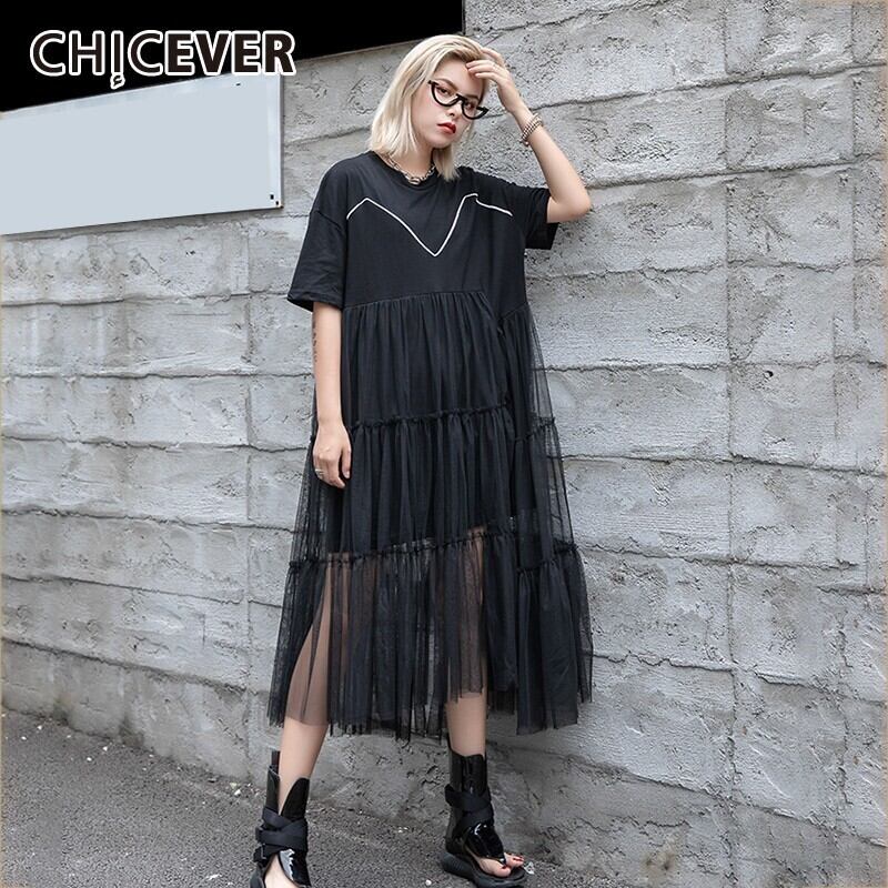 CHICEVERサマースウィートパッチワークメッシュ裾ソリッドブラックレディースドレスOネック半袖ルーズスリムボールガウンドレス2020 ショート ハーフスリーブ 大人ガーリー キュート カジュアル 夏物 ソリッドカラー 6base57085666927