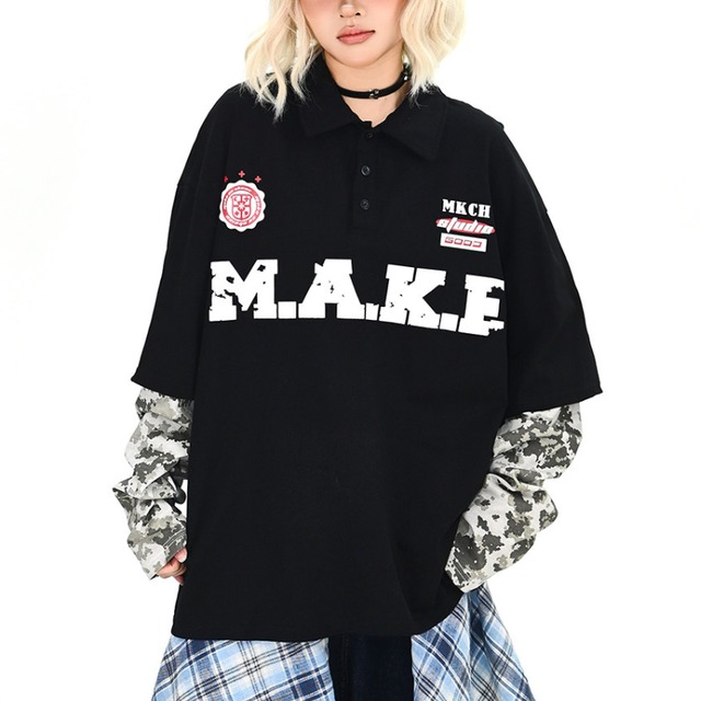 camouflage sleeve fake two-piece polo long tee　迷彩スリーブフェイクツーピースポロロングティー　J1780