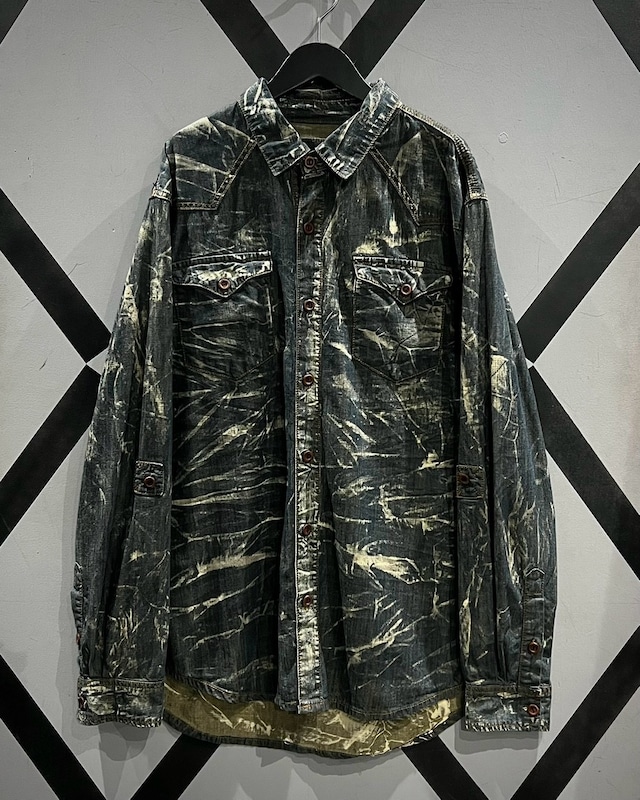 【X VINTAGE】Bleached Design Loose Western Denim Shirt