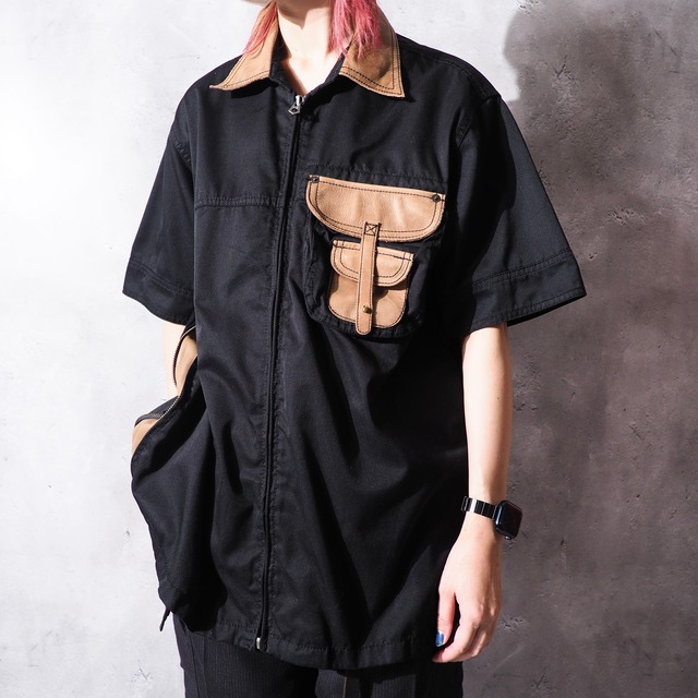 ” AVIREX ” cowhide leather switching full zip black shirt