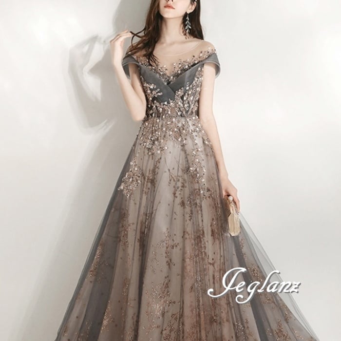 パーティ イブニングドレス 背中 編み上げ ビジュー 光沢感 4色 (M8958)ε