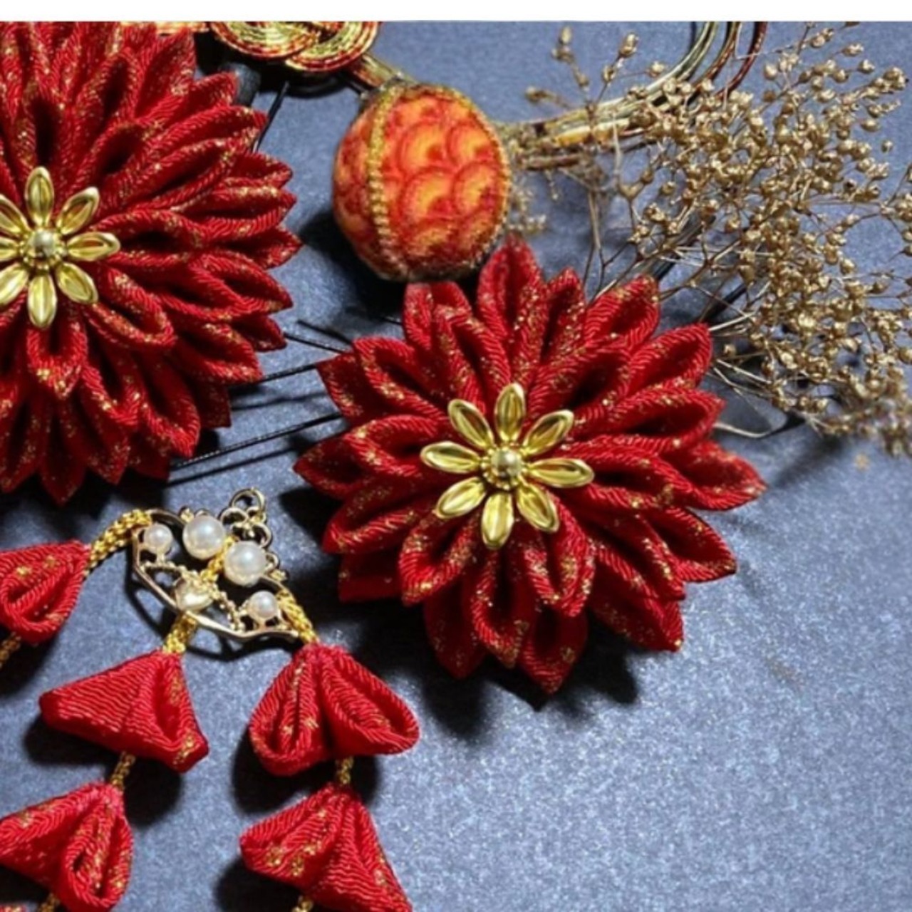 紅雅華（こうがか）｜つまみ細工 髪飾りセット 金 赤 成人式 卒業式 結婚式 和装 振袖 袴 和玉 水引 Uピン（S026）・画像3