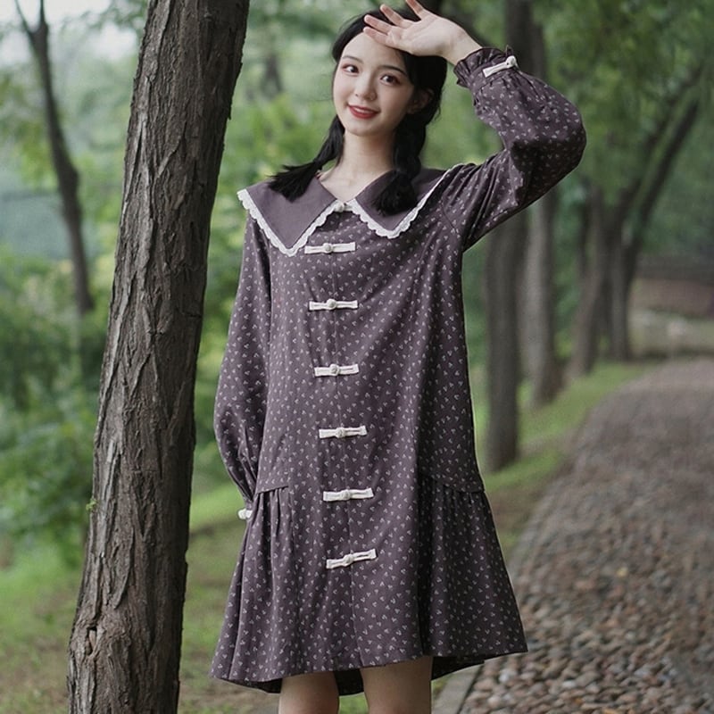 花柄ワンピース チャイナ風服 中華服 可愛いボタン パープル 紫色 Ss S M L 長袖 Elegant