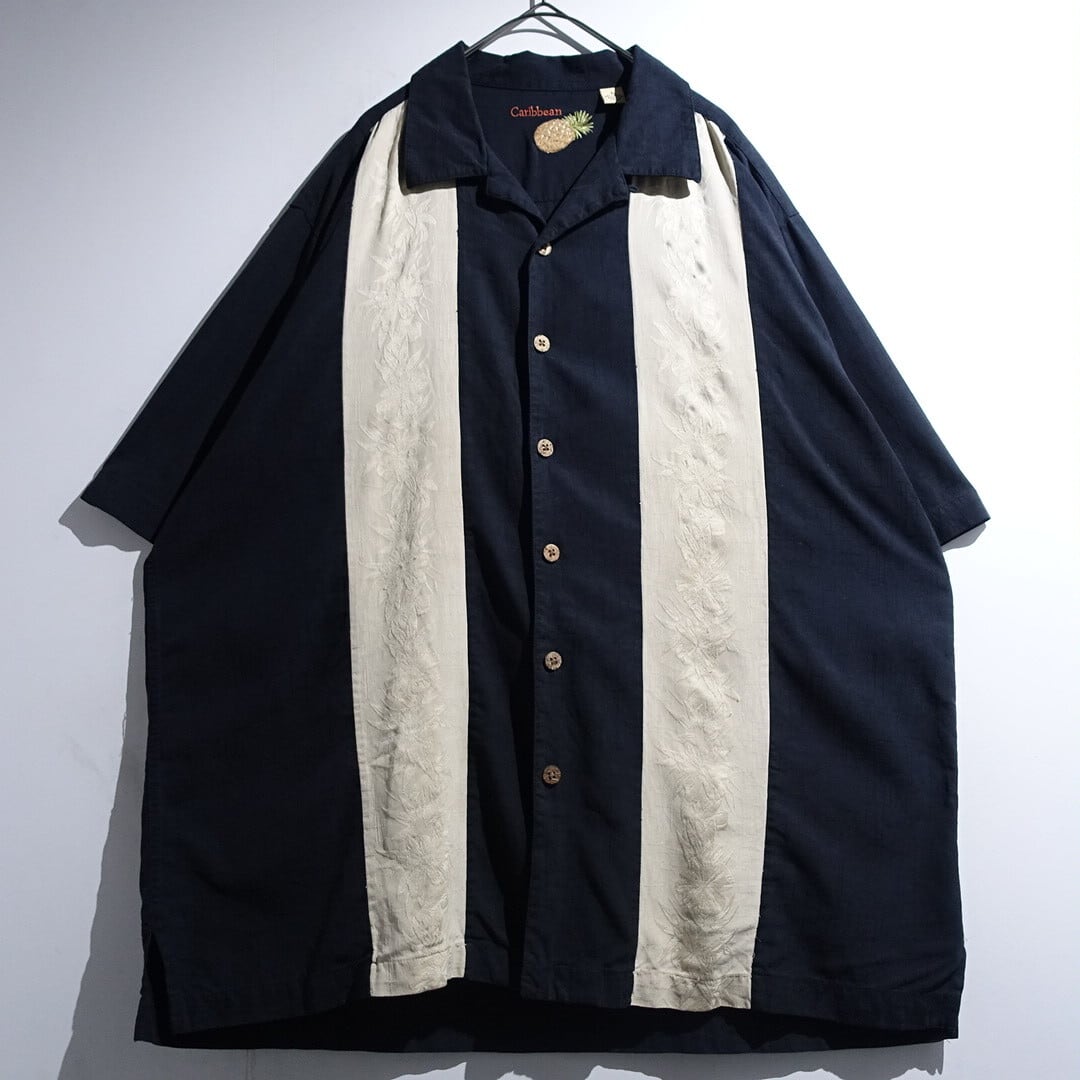 Black Flower Motif Woven Line Design Silk & Cotton Open-Collar Shirt