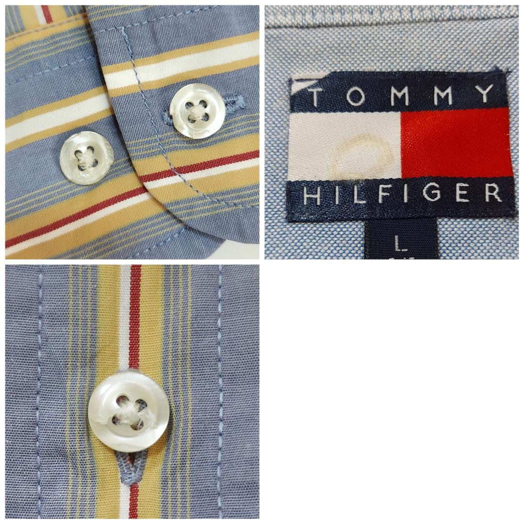 90s トミーヒルフィガー ストライプシャツ L ブルー 水色 黄色 ...