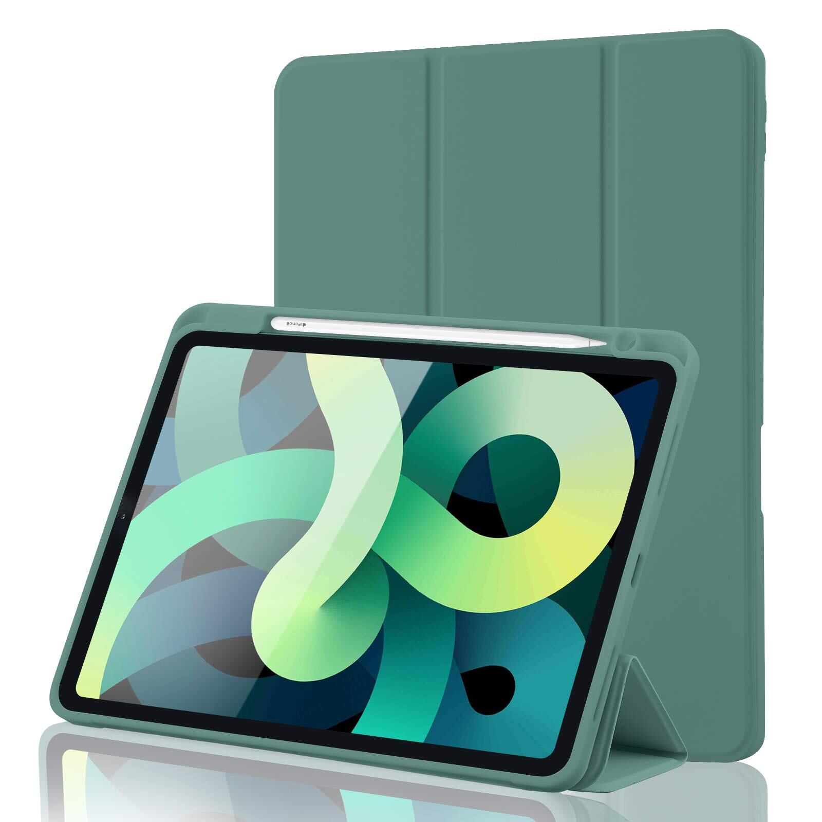 iPad Air 11 インチ ケース M4/M3/M2 2026/2025/2024 iPad Air 第5/4世代 カバー 2022/2020年 10.9インチ Pencil Proペン収納 Apple Pencil2 ワイヤレス充電対応 オートスリープ/ウェイク機能対応 ソフト TPU 薄型 軽量 耐衝撃 三つ折りスタンド (ダークグリーン)