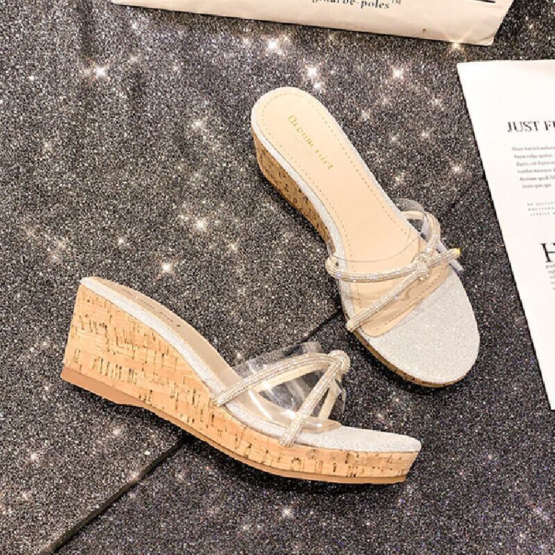 シューズ】サンダル 全2色展開 ウェッジヒールサンダル ラインストーン