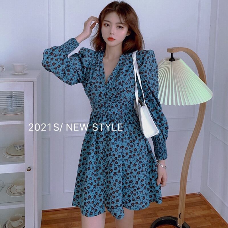 スタイルスタンダードVネックスリーブブルーフローラルスカート オータムウェストドレス Aライン レトロ 大人ガーリー スウィート キュート カジュアル 秋物 花柄 ガールズファッション45404228111
