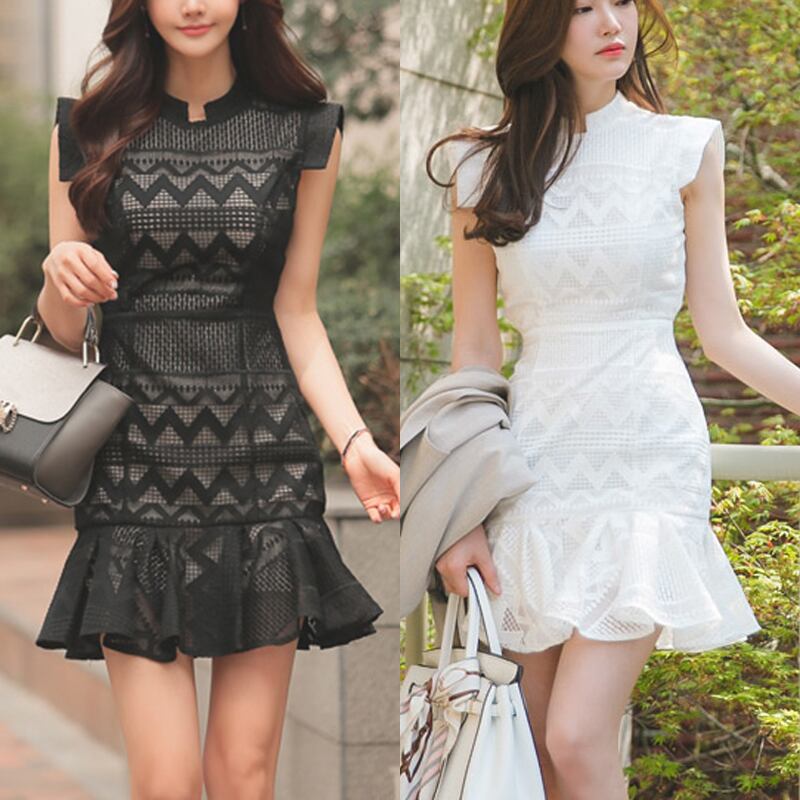 総レース ノースリーブ マーメイドライン ワンピース