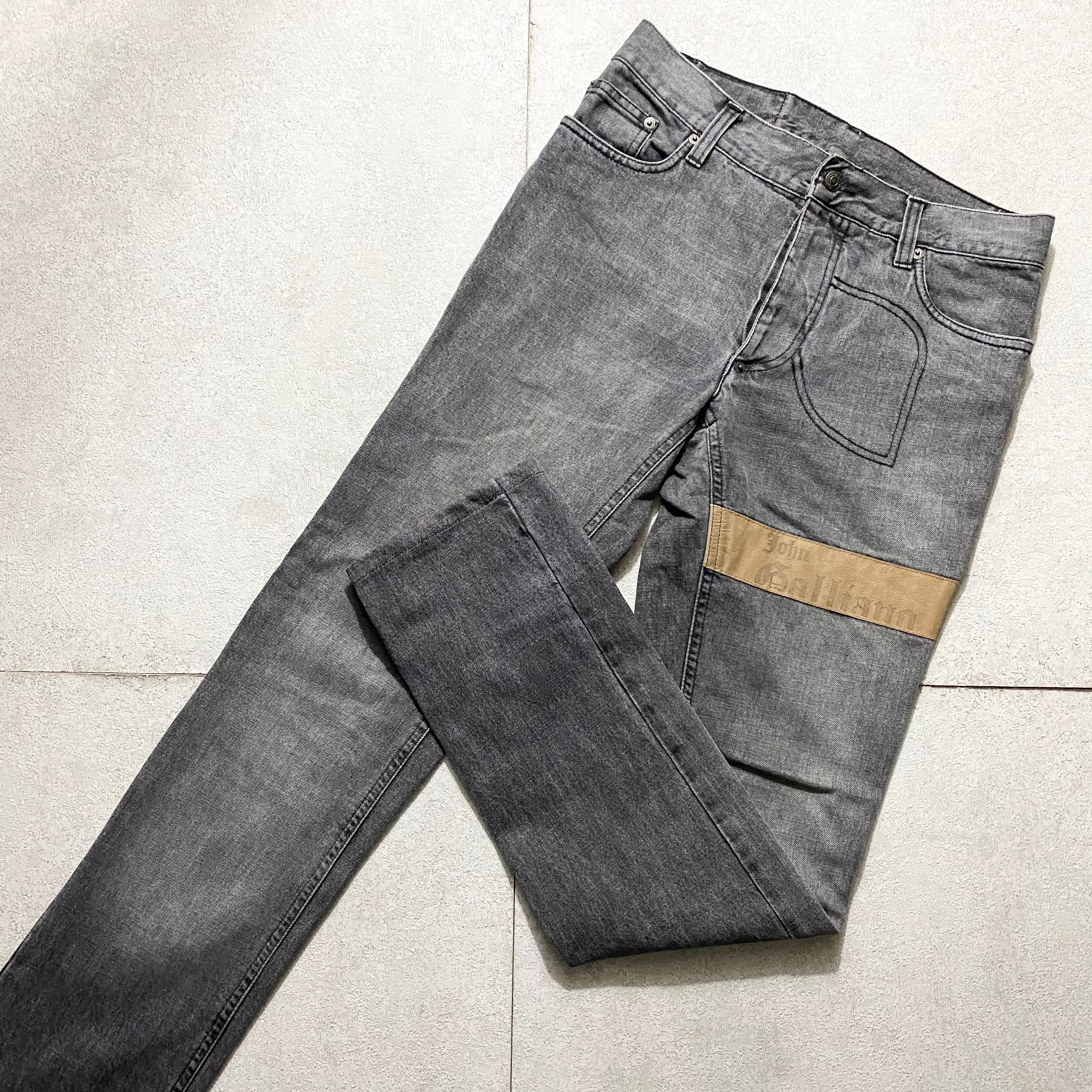 JOHN GALLIANO logo print leather switching faded black denim pants 