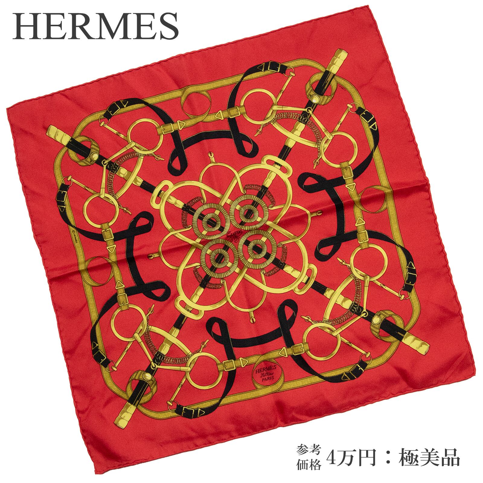 【本物・送料無料・極美品】エルメス・小判スカーフ(カレ45・ガヴロッシュ・Eperon d’or 黄金の拍車・綺麗・赤・レッド・W007)