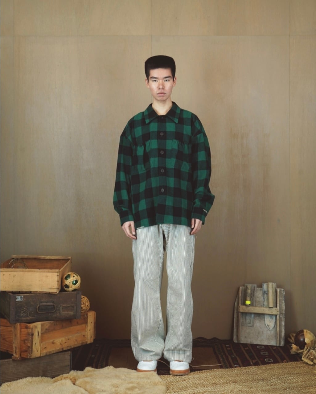 refomed GRANNY REPAIR WRIST PATCH WIDE CHECK SHIRT(GREEN refomed GRANNY REPAIR WRIST PATCH WIDE CHECK SHIRT(GREEN
